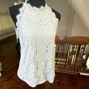 berryou Women’s White Lace Halter Tank S High Neck Floral Keyhole Button